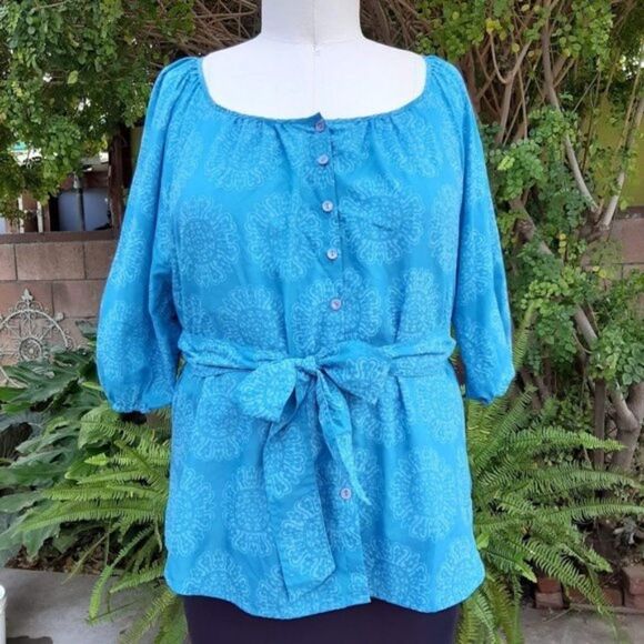 WESTBOUND Women Teal Button Peasant Top 20W - Picture 1 of 13